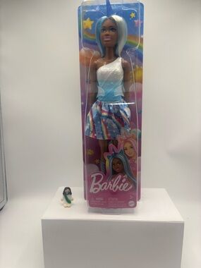 Barbie unicorn doll African-American, ethnicity, blue hair, rainbow skirt